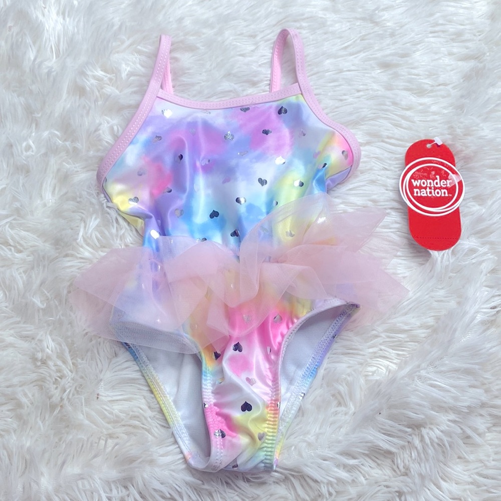 Wonder Nation Pastel Pink Blue Tye Dye Silver Hearts TuTu Swimsuit